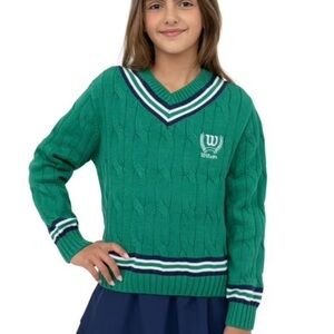 Wilson Green Cable-Knit V-Neck Sweater with Navy & White Trim & Skirt
